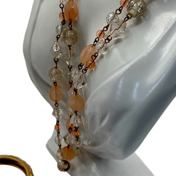 Vintage Beaded Necklace & Floral Enamel Bangle Set Crystal Pink Peach Cream N60 - Picture 2 of 7